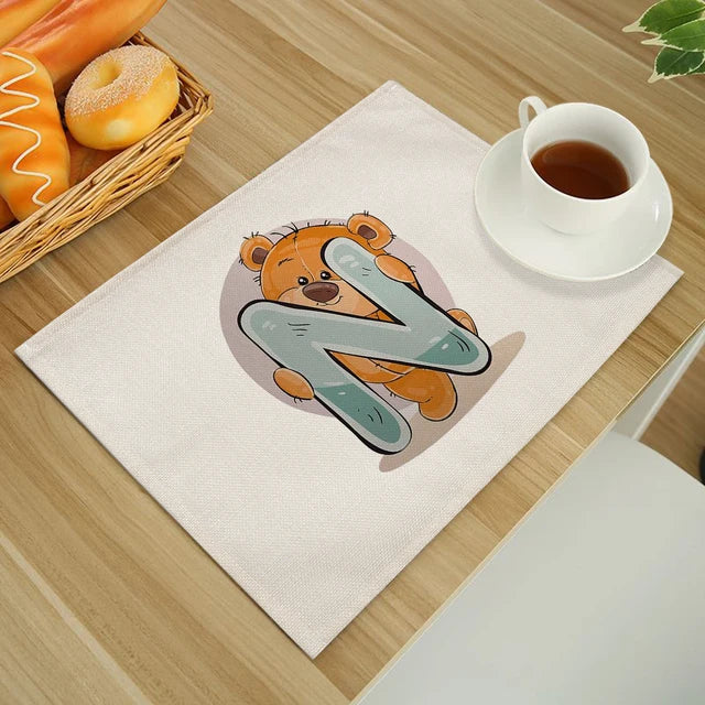 Cute Cartoon Animal Bear Kitchen Placemat for Children Kids English Alphabet A-Z Print Cotton Linen Dining Table Mats Coaster