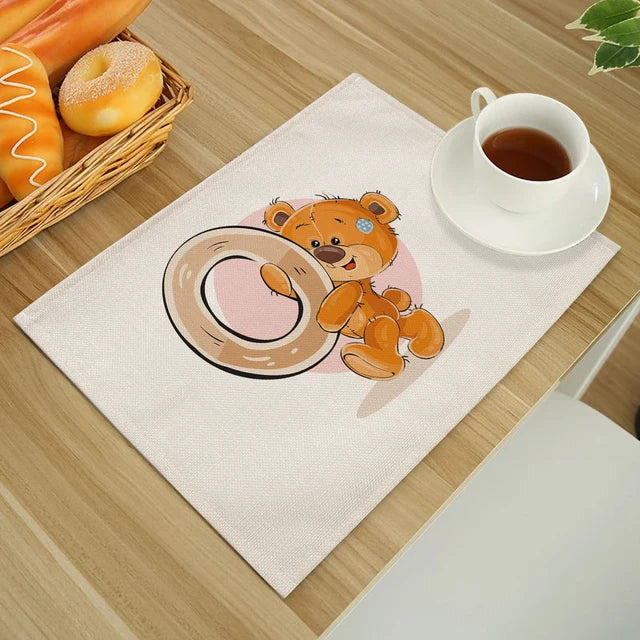 Cute Cartoon Animal Bear Kitchen Placemat for Children Kids English Alphabet A-Z Print Cotton Linen Dining Table Mats Coaster