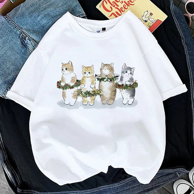 Kawaii Cat Shark Women Print Funny T-shirt Girl Animal Y2K Fashion 90S Print Tops Tee Gril Black White Clothes,Drop Ship