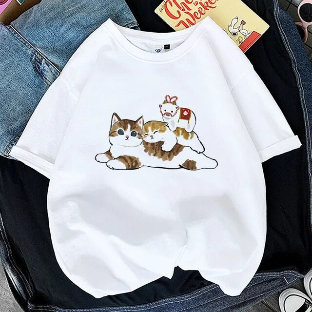 Kawaii Cat Shark Women Print Funny T-shirt Girl Animal Y2K Fashion 90S Print Tops Tee Gril Black White Clothes,Drop Ship