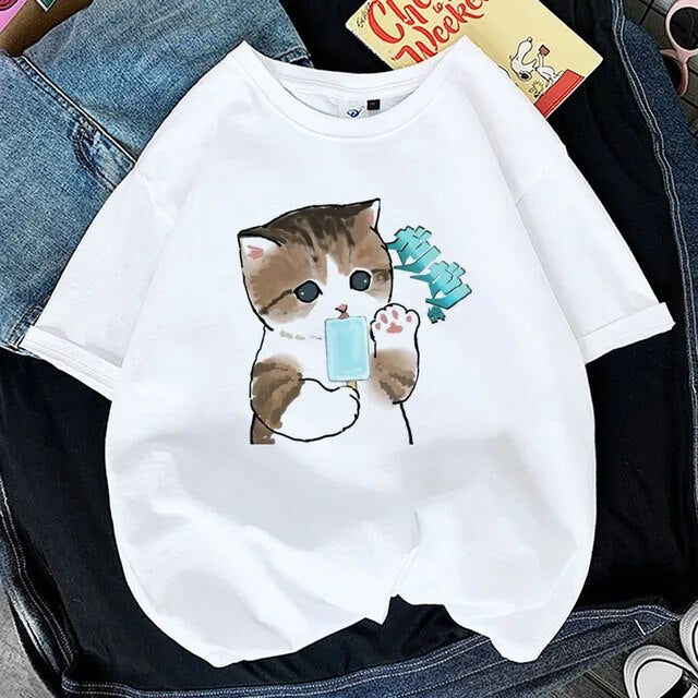 Kawaii Cat Shark Women Print Funny T-shirt Girl Animal Y2K Fashion 90S Print Tops Tee Gril Black White Clothes,Drop Ship