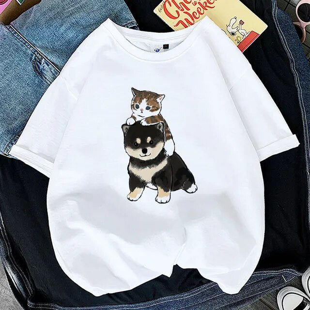 Kawaii Cat Shark Women Print Funny T-shirt Girl Animal Y2K Fashion 90S Print Tops Tee Gril Black White Clothes,Drop Ship