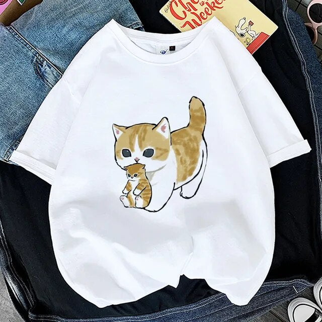 Kawaii Cat Shark Women Print Funny T-shirt Girl Animal Y2K Fashion 90S Print Tops Tee Gril Black White Clothes,Drop Ship