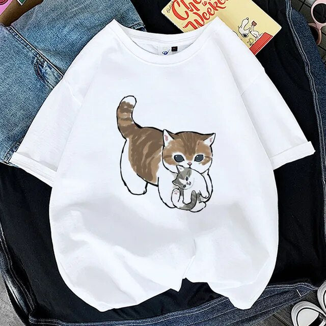 Kawaii Cat Shark Women Print Funny T-shirt Girl Animal Y2K Fashion 90S Print Tops Tee Gril Black White Clothes,Drop Ship