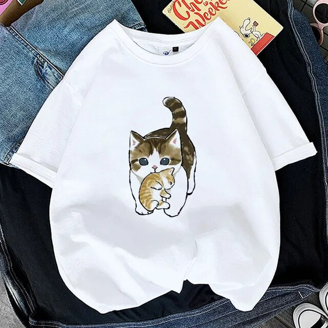 Kawaii Cat Shark Women Print Funny T-shirt Girl Animal Y2K Fashion 90S Print Tops Tee Gril Black White Clothes,Drop Ship