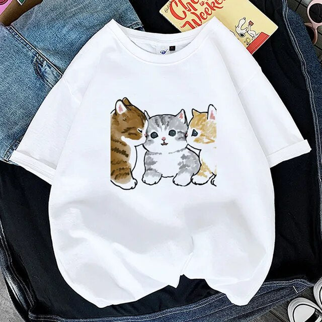 Kawaii Cat Shark Women Print Funny T-shirt Girl Animal Y2K Fashion 90S Print Tops Tee Gril Black White Clothes,Drop Ship