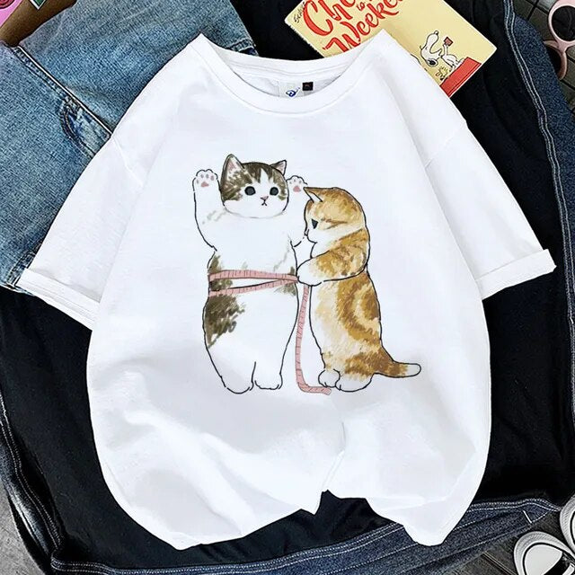 Kawaii Cat Shark Women Print Funny T-shirt Girl Animal Y2K Fashion 90S Print Tops Tee Gril Black White Clothes,Drop Ship