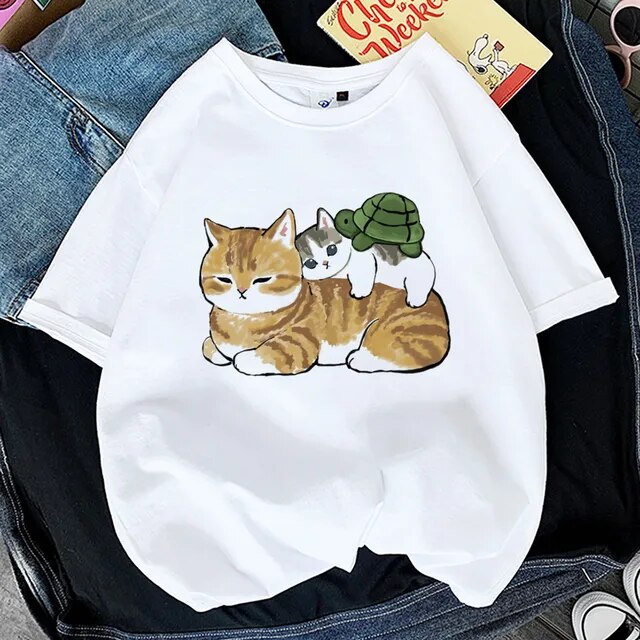 Kawaii Cat Shark Women Print Funny T-shirt Girl Animal Y2K Fashion 90S Print Tops Tee Gril Black White Clothes,Drop Ship