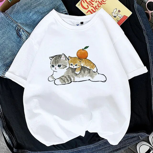 Kawaii Cat Shark Women Print Funny T-shirt Girl Animal Y2K Fashion 90S Print Tops Tee Gril Black White Clothes,Drop Ship