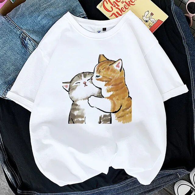 Kawaii Cat Shark Women Print Funny T-shirt Girl Animal Y2K Fashion 90S Print Tops Tee Gril Black White Clothes,Drop Ship