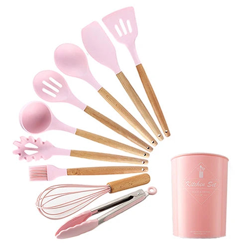 Silicone Kitchenware Cooking Utensils Set Non-stick Cookware Spatula Shovel Egg Beaters Wooden Handle Kitchen Cooking Tool Set