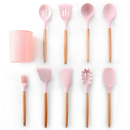 Silicone Kitchenware Cooking Utensils Set Non-stick Cookware Spatula Shovel Egg Beaters Wooden Handle Kitchen Cooking Tool Set