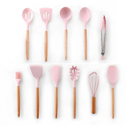 Silicone Kitchenware Cooking Utensils Set Non-stick Cookware Spatula Shovel Egg Beaters Wooden Handle Kitchen Cooking Tool Set