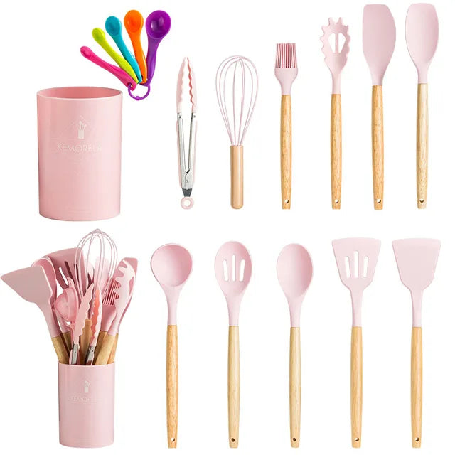 Silicone Kitchenware Cooking Utensils Set Non-stick Cookware Spatula Shovel Egg Beaters Wooden Handle Kitchen Cooking Tool Set