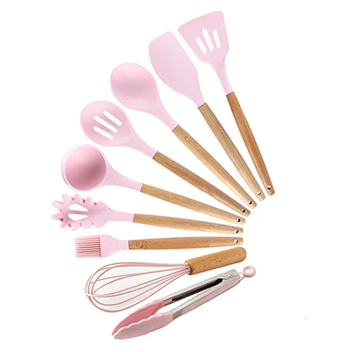 Silicone Kitchenware Cooking Utensils Set Non-stick Cookware Spatula Shovel Egg Beaters Wooden Handle Kitchen Cooking Tool Set