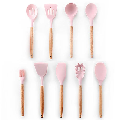 Silicone Kitchenware Cooking Utensils Set Non-stick Cookware Spatula Shovel Egg Beaters Wooden Handle Kitchen Cooking Tool Set