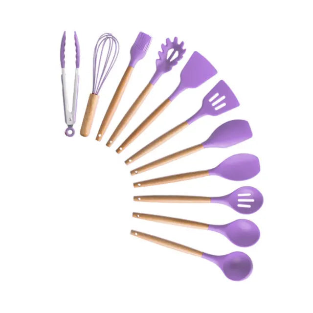 Silicone Kitchenware Cooking Utensils Set Non-stick Cookware Spatula Shovel Egg Beaters Wooden Handle Kitchen Cooking Tool Set