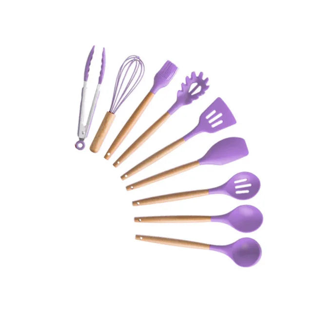 Silicone Kitchenware Cooking Utensils Set Non-stick Cookware Spatula Shovel Egg Beaters Wooden Handle Kitchen Cooking Tool Set