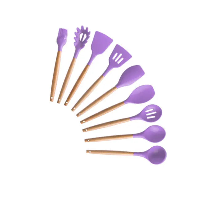 Silicone Kitchenware Cooking Utensils Set Non-stick Cookware Spatula Shovel Egg Beaters Wooden Handle Kitchen Cooking Tool Set