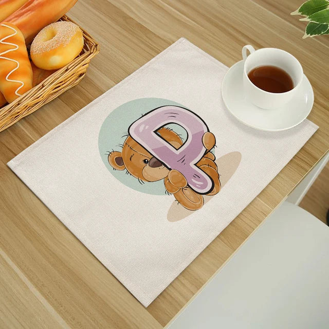 Cute Cartoon Animal Bear Kitchen Placemat for Children Kids English Alphabet A-Z Print Cotton Linen Dining Table Mats Coaster