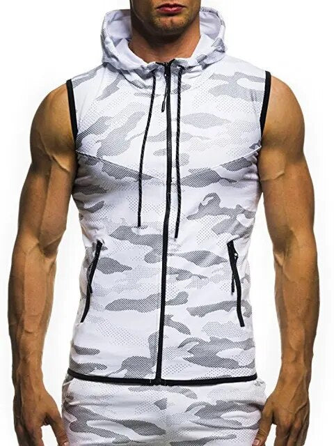 2020 New Mens Camouflage Vest Spring Summer Military Hooded Sleeveless Sweatshirt Male Fashion Brand Clothing gym zipper Running