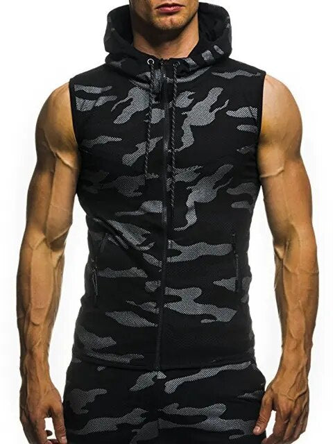 2020 New Mens Camouflage Vest Spring Summer Military Hooded Sleeveless Sweatshirt Male Fashion Brand Clothing gym zipper Running