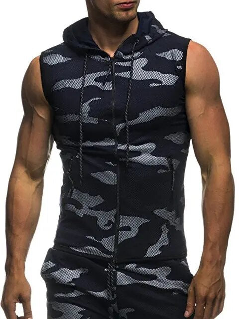 2020 New Mens Camouflage Vest Spring Summer Military Hooded Sleeveless Sweatshirt Male Fashion Brand Clothing gym zipper Running