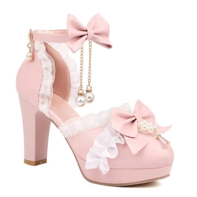 Girls High Heels Kids Princess Sandal Ladies Platform Bow Lace Mary Jane Lolita Shoes Women Party High Heels Women Pumps 30-43