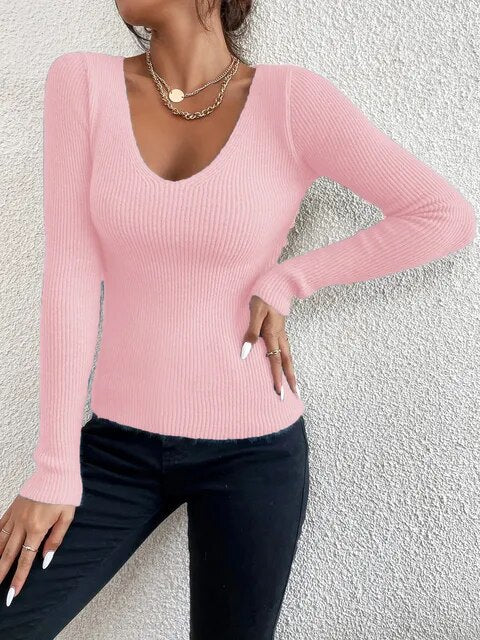 On Sale Winter Spring Women Casual Long Sleeve Knit V Neck Pullover Sweater Femme Basic Pull JerseyTops Fashion Blouses Clothes