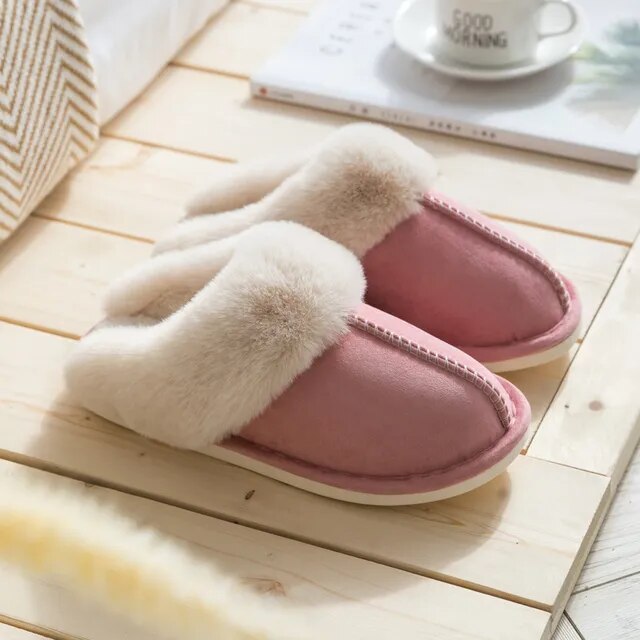 2023 Winter Warm Home Fur Slippers Women Luxury Faux Suede Plush Couple Cotton Shoes Indoor Bedroom Flat Heels Fluffy Slippers