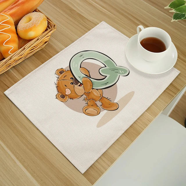 Cute Cartoon Animal Bear Kitchen Placemat for Children Kids English Alphabet A-Z Print Cotton Linen Dining Table Mats Coaster