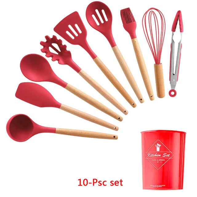 Silicone Kitchenware Cooking Utensils Set Non-stick Cookware Spatula Shovel Egg Beaters Wooden Handle Kitchen Cooking Tool Set