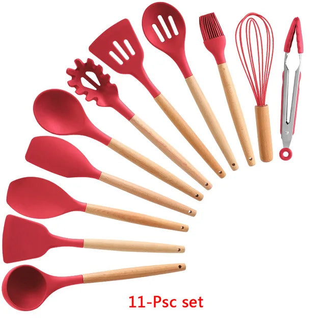 Silicone Kitchenware Cooking Utensils Set Non-stick Cookware Spatula Shovel Egg Beaters Wooden Handle Kitchen Cooking Tool Set