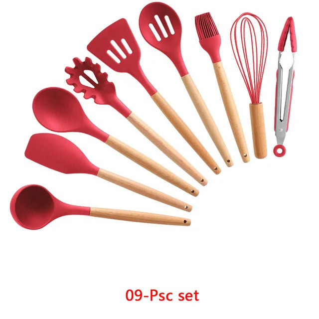 Silicone Kitchenware Cooking Utensils Set Non-stick Cookware Spatula Shovel Egg Beaters Wooden Handle Kitchen Cooking Tool Set