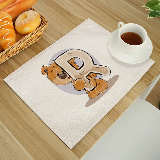 Cute Cartoon Animal Bear Kitchen Placemat for Children Kids English Alphabet A-Z Print Cotton Linen Dining Table Mats Coaster