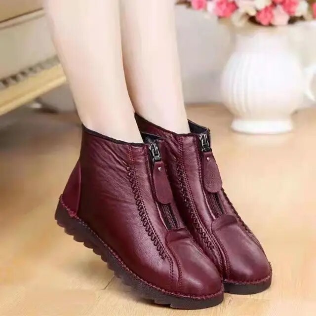 2023 Winter Women Ankle Boots Fashion Warm Mother's Boots Flat-Bottom Comfortable Non Slip Front Zipper Closure Female Footwear