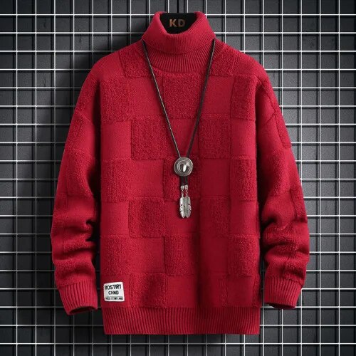 High Neck Thickened Warm Sweater/ High Quality Men's Winter Pure Korean Slim Casual Fashion Brand Loose Check Knitted Pullover