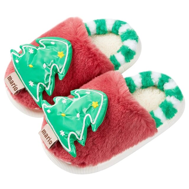 Lioraitiin Kids Baby Winter Slippers Christmas Tree Fluffy Warm Plush Slippers Non Slip House Shoes for Toddlers Indoor Outdoor