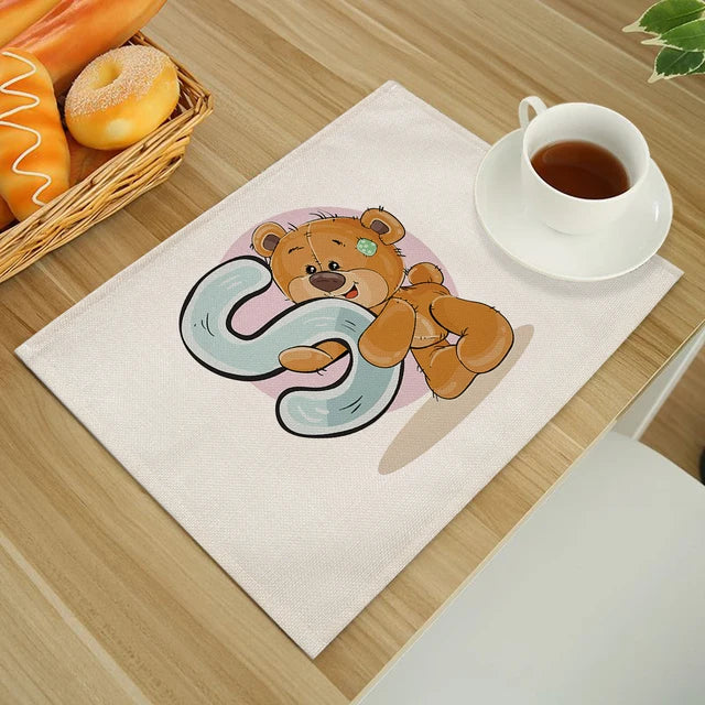 Cute Cartoon Animal Bear Kitchen Placemat for Children Kids English Alphabet A-Z Print Cotton Linen Dining Table Mats Coaster