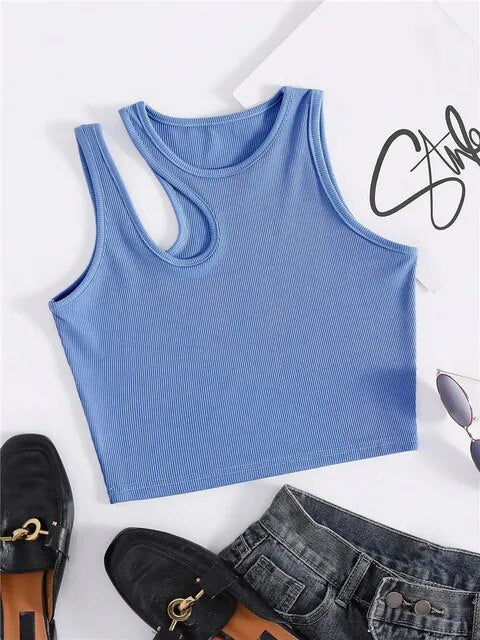 Sexy Rib-knit Tank Top for Women Summer Solid O-neck Sleeveless Crop Tops Street Vintage Korean Fashion Shirt Vest Y2K Clothes