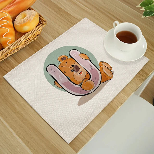 Cute Cartoon Animal Bear Kitchen Placemat for Children Kids English Alphabet A-Z Print Cotton Linen Dining Table Mats Coaster