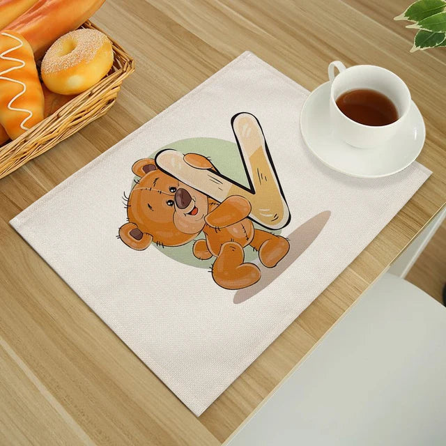 Cute Cartoon Animal Bear Kitchen Placemat for Children Kids English Alphabet A-Z Print Cotton Linen Dining Table Mats Coaster