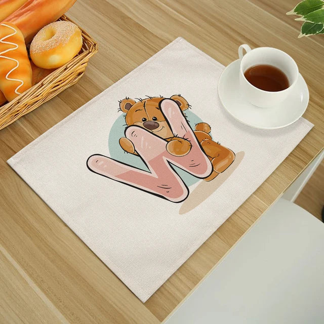 Cute Cartoon Animal Bear Kitchen Placemat for Children Kids English Alphabet A-Z Print Cotton Linen Dining Table Mats Coaster