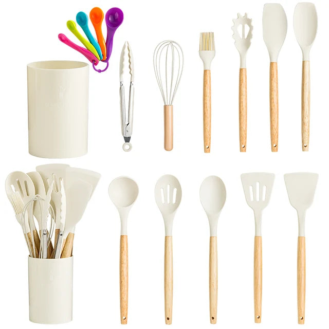 Silicone Kitchenware Cooking Utensils Set Non-stick Cookware Spatula Shovel Egg Beaters Wooden Handle Kitchen Cooking Tool Set