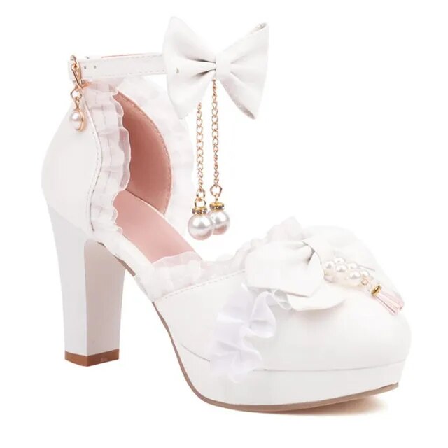 Girls High Heels Kids Princess Sandal Ladies Platform Bow Lace Mary Jane Lolita Shoes Women Party High Heels Women Pumps 30-43