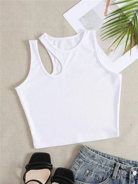 Sexy Rib-knit Tank Top for Women Summer Solid O-neck Sleeveless Crop Tops Street Vintage Korean Fashion Shirt Vest Y2K Clothes