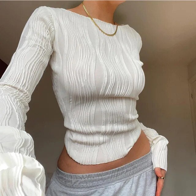 2022 Autumn Ruched Long Sleeve T Shirts Women Casual White Skinny Black Basic Tee Fashion Street Cropped Top Y2K Clothes T-shirt