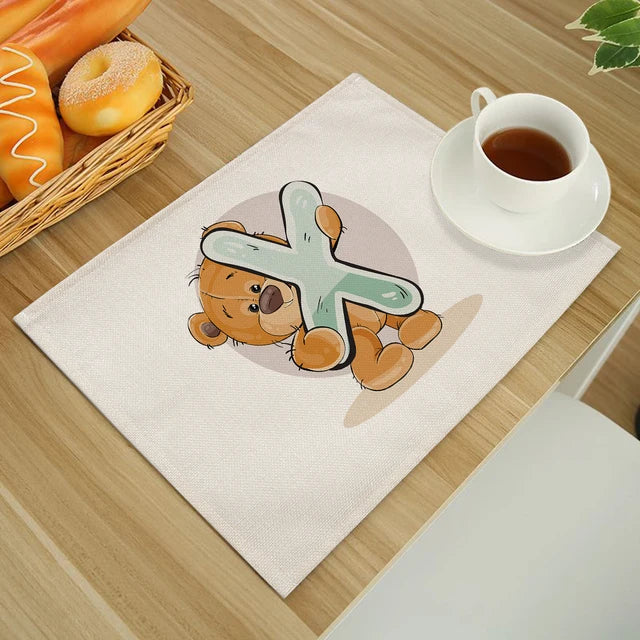 Cute Cartoon Animal Bear Kitchen Placemat for Children Kids English Alphabet A-Z Print Cotton Linen Dining Table Mats Coaster