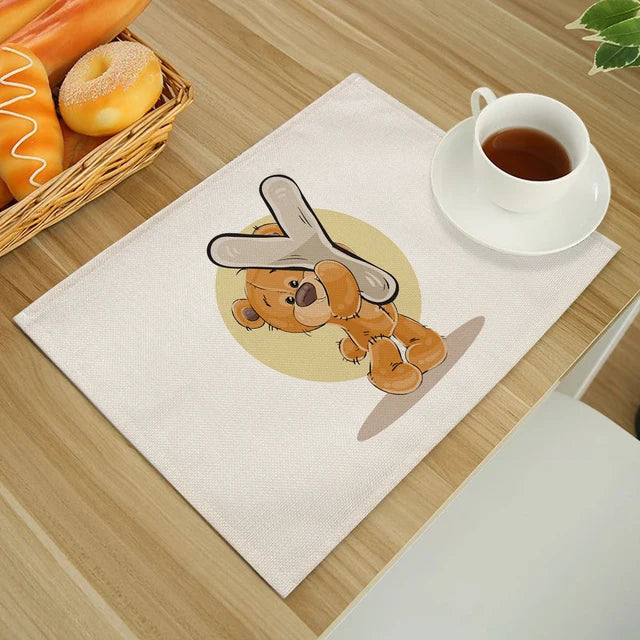 Cute Cartoon Animal Bear Kitchen Placemat for Children Kids English Alphabet A-Z Print Cotton Linen Dining Table Mats Coaster