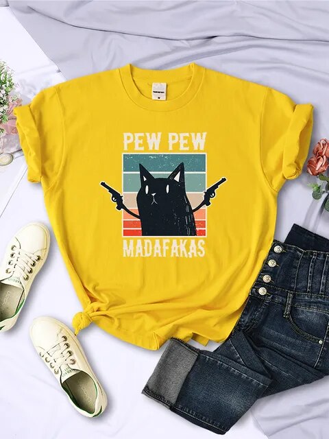 Pew Pew Madafaks Cute Funny Print Women T Shirts Hip Hop Vintage Tee Clothes Creativity Casual Tops Crewneck Womans Short Sleeve